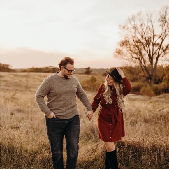 Corduroy Rust Brown Casual Button Up Shirt Style Belted Mini Dress Long Sleeves - Picture 11 of 13